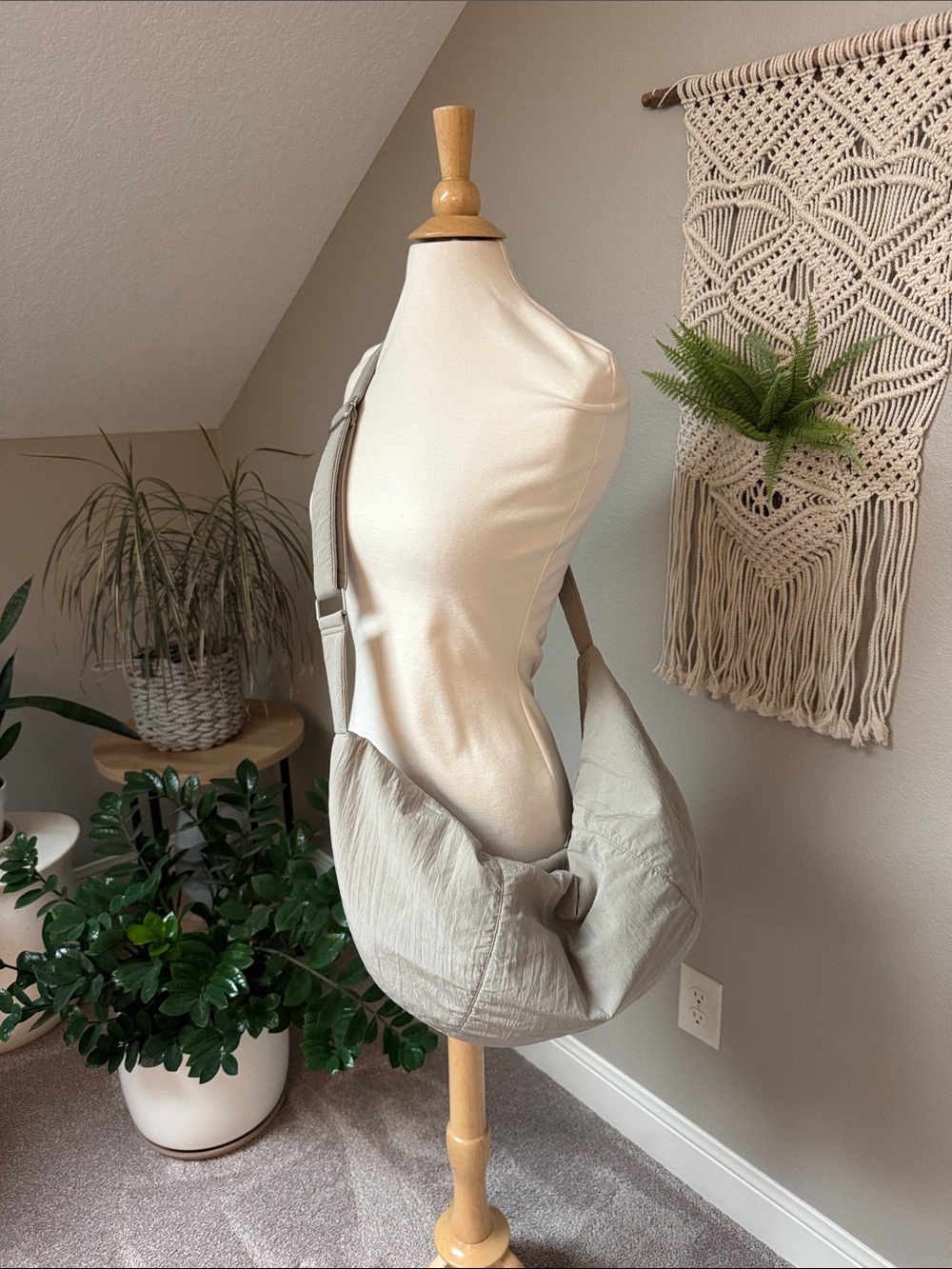 NEW croissant style sling bag in taupe water resistant fabric crossbody